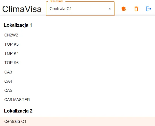 Список локацій ClimaVisa з переліком контролерів, що онлайн